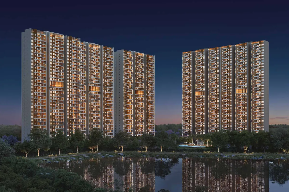 Mana Skanda The Right Life towers at night by the lake